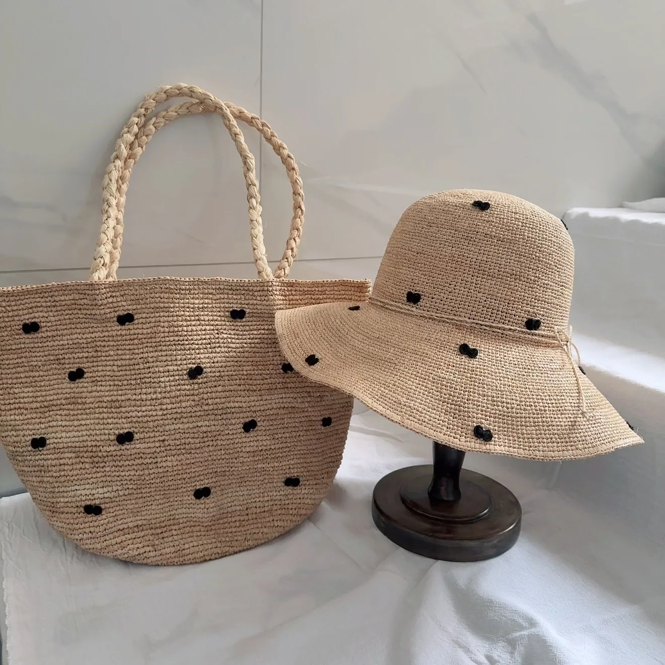 

Raffia Straw Bow Decor Sun Hat Tote Bag Set Natural Handmade Beach Accessories Foldable Wide Brim Hat Large Capacity Bag |