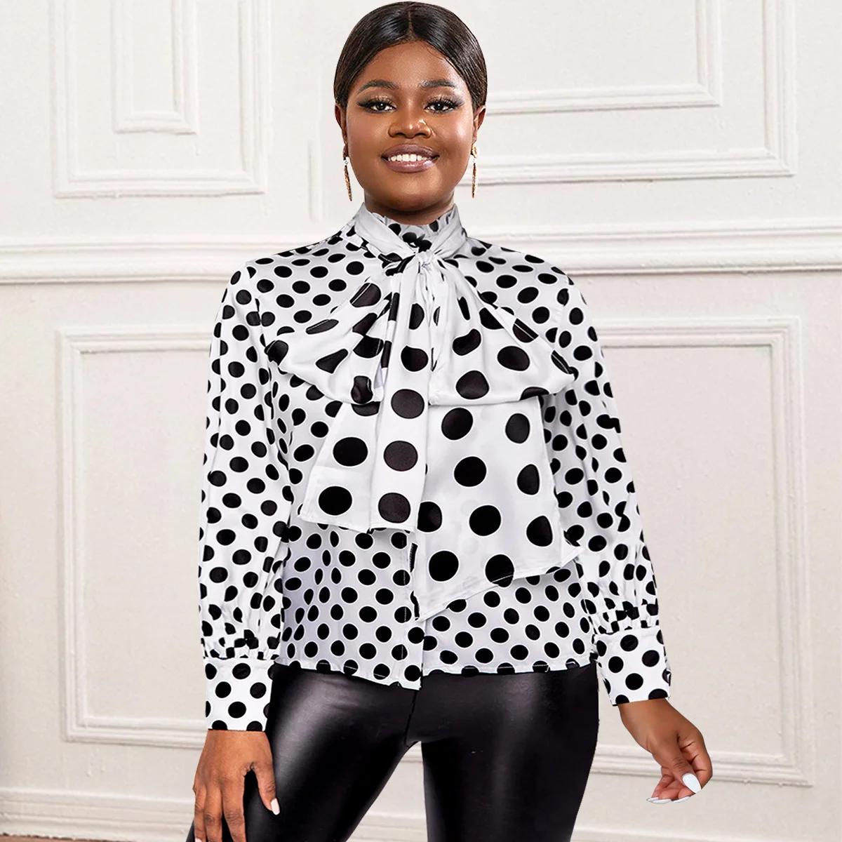 Am030713 Personality Lace Collar Long Sleeve Women's Clothing Commuting Style Black And White Polka Dot Plus Size Women's Y2K