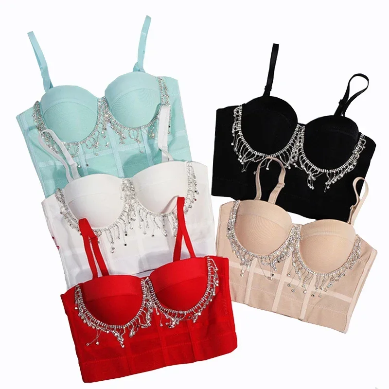 Women Spaghetti Strap Cropped Bustier Bra, Diamond Crystal Tassel Camisole Top, Push Up Solid Color Top for Club Party