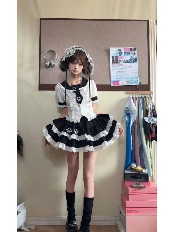 

Милый японский школьный костюм-двойка с рукавами-фонариками и юбкой-пачкой для женщин, мягкий дизайн с цветовыми блоками