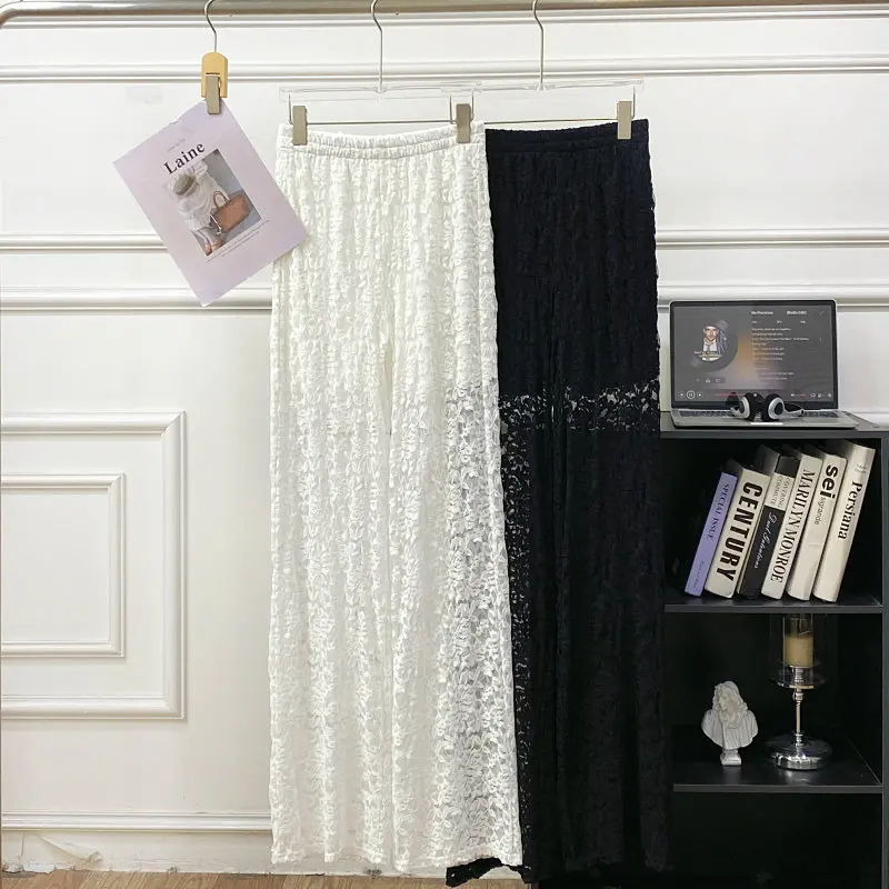 Summer Hollow Out Lace Pants For Women French Casual Fashion Elegant Solid Color High Waist Straight Leg Transparent Trousers