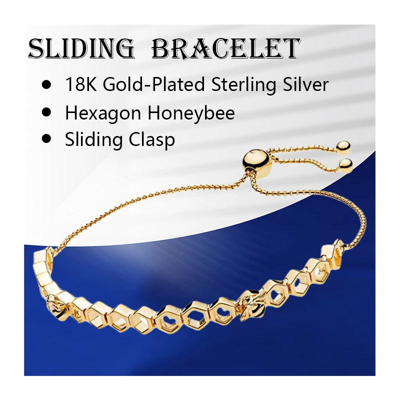 Wrist Strand Bracelets For Women Fine Jewelry 18K Shine Gold Silver 925 Original Hexagon Honebee Link Chain Sliding Clasp Zircon