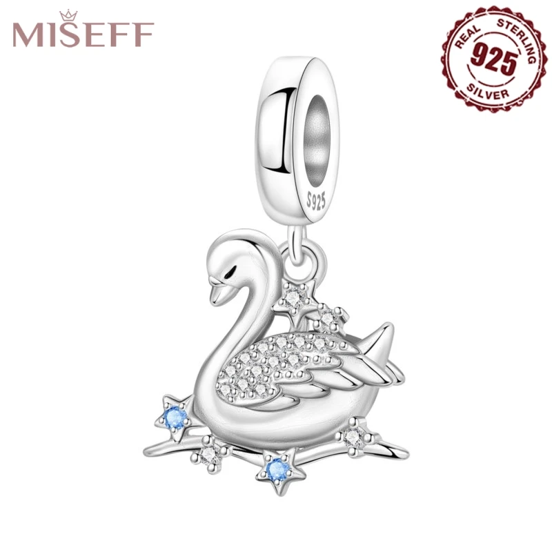 

MISEFF 2025 925 Sterling Silver Shining Brightly White Swan Pendant Charms Original Bracelet Beads DIY Jewelry Women Gifts