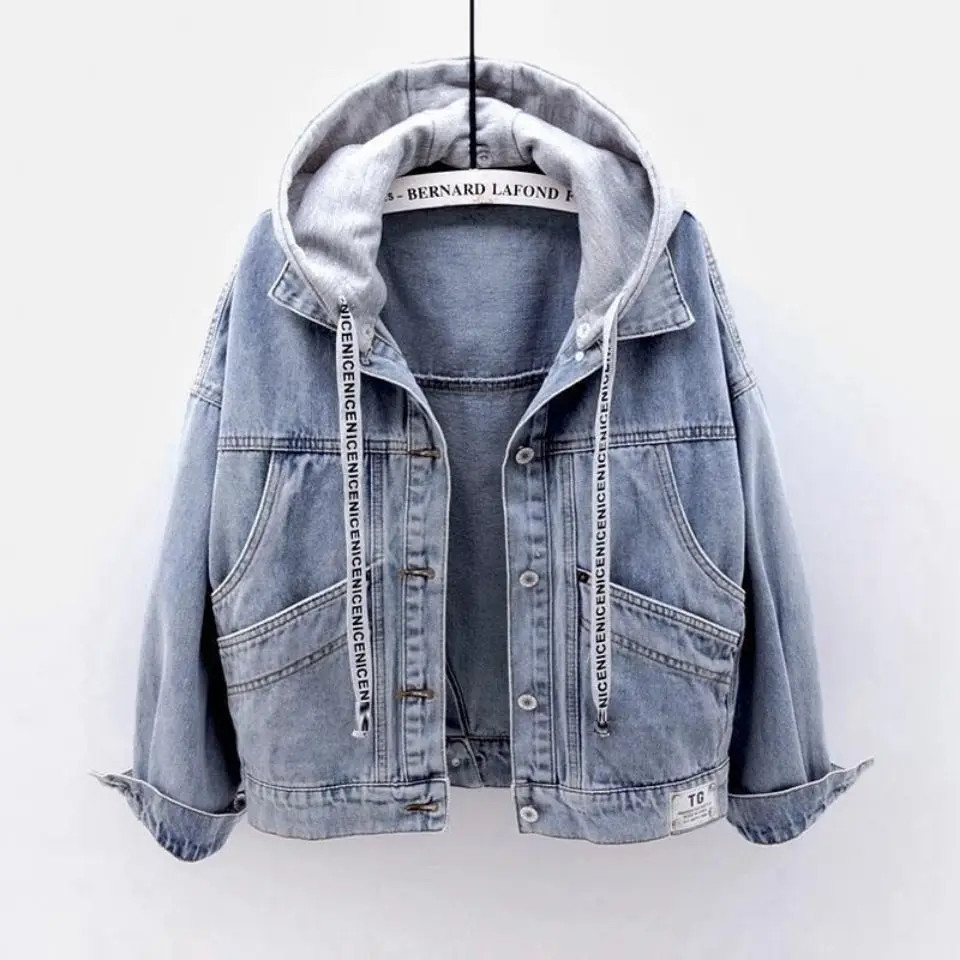 

Korean Fashion Loose Denim Jacket Women 2025 Autumn Spring BF Patchwork Hooded Coats Streetwear Pocket Single Breasted Outerwear