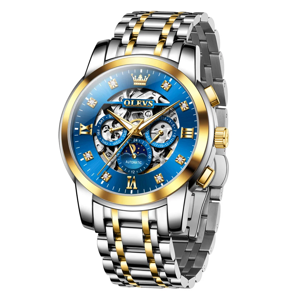 OLEVS Date Moon Phase Automatic Watch For Man Luxury Skeleton Original Designer Mechancial Men's Watches