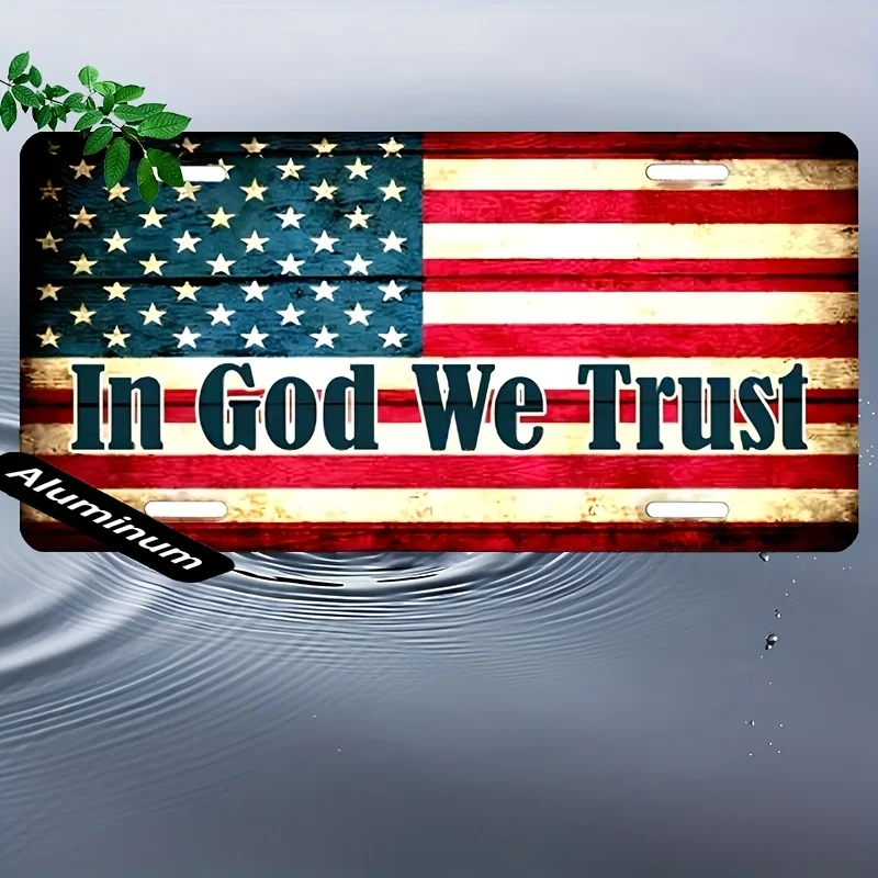 HD Aluminum Print, Vintage In God We Trust American Flag Rustic License Plate Style Wall Art, High Definition Bend-Resistant Met