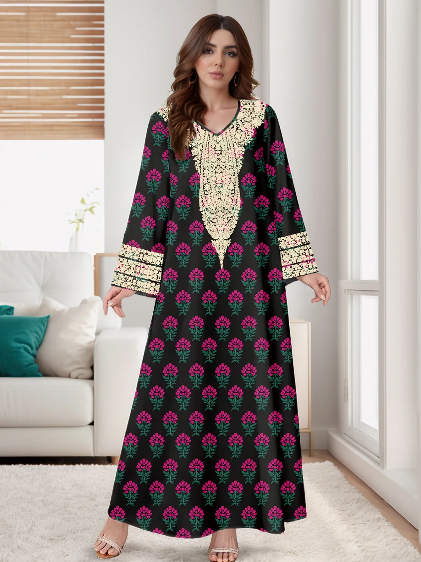 

Hot Sales Modest Boat Neck Floral Print Long Flare Sleeve Moroccan Kaftan Abaya Cloth Long Maxi Gown Dress Caftan Jilbab