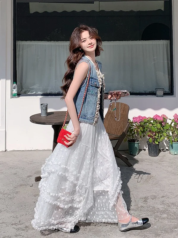 

White Mesh Half-length Long Skirt Set Women's Summer 2026 New Fashionable Denim Vest Two-piece Set Student School Uniform