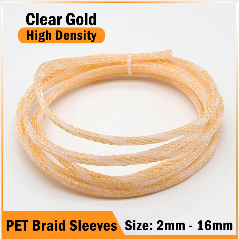 

1~50m Clear Gold PET Braid Sleeve 2/4/6/8/10/12/16mm High Density Sleeving Snake Skin Cable Wrap Sheath For Electric Cables