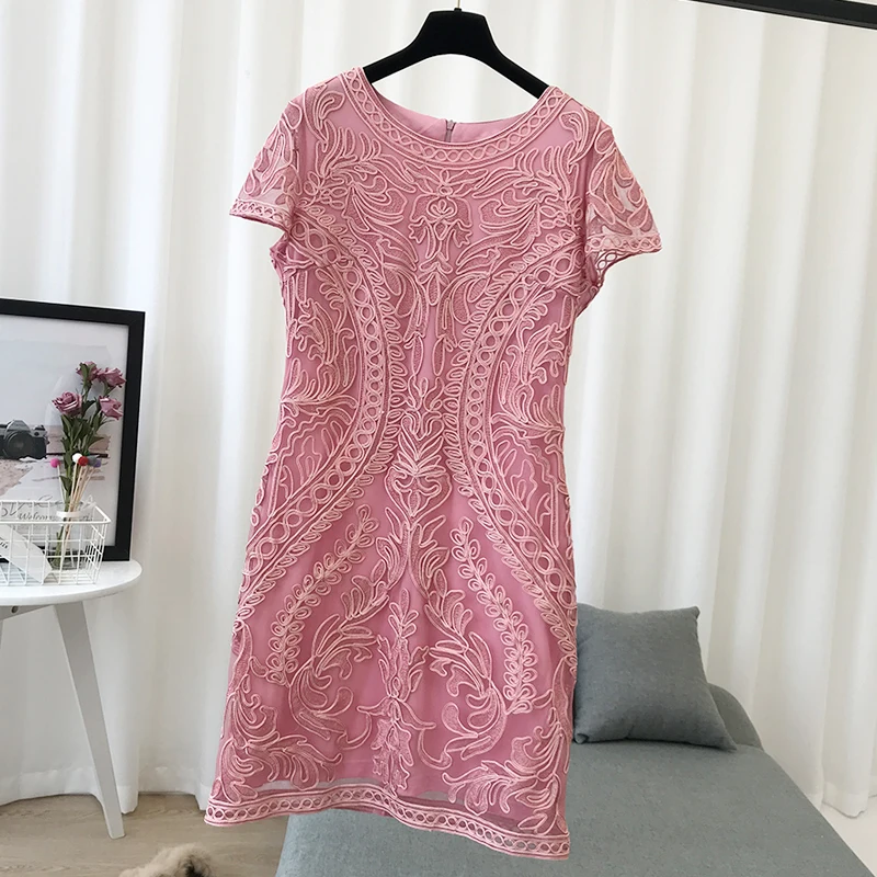 H80&S90 New Women Sexy Holiday Embroidered Soutache Sequin Beaded Short Sleeve Organza Mesh O-Neck Party Pencil A-Line Dress