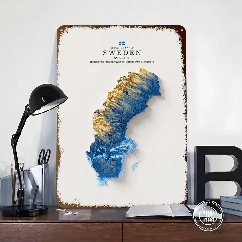 Elevation Map of Sweden Personalized 3D Textured Metal Poster Wall Art Vintage Tin Signs for Home Decoration Gaming Custom Plate