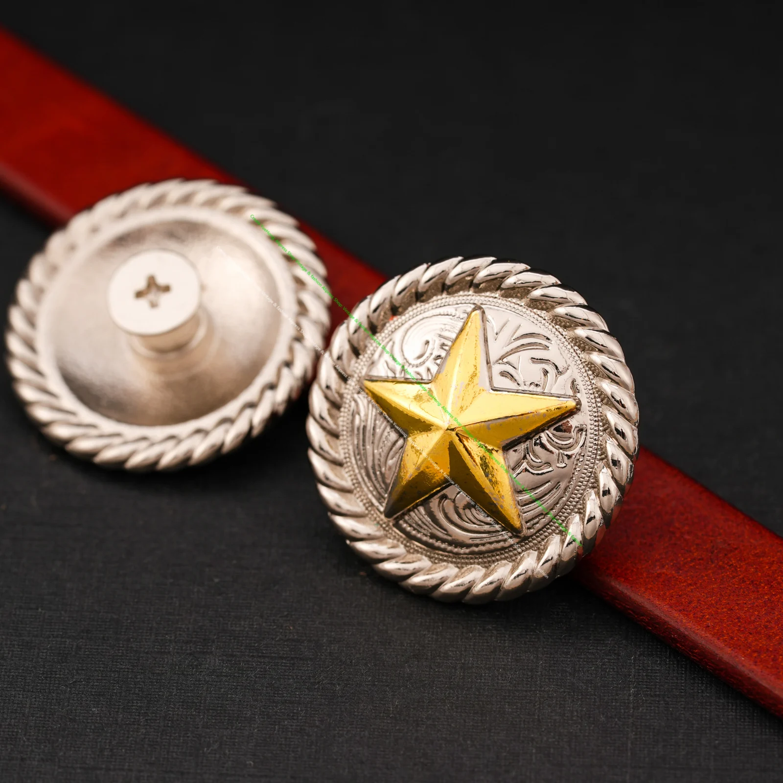 5X 1-1/4 Inches Silver Western Ranger Gold Texas Star Leathercraft Belt Horse Headstall Saddles Conchos Button Belt Collar Decor