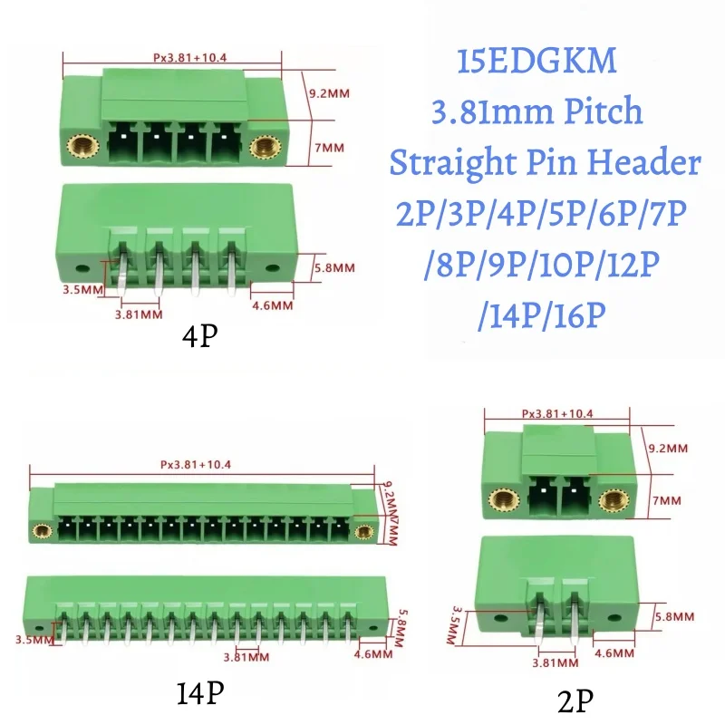 5pcs 15EDGKM 3.81mm Pitch Plug Play PCB Terminal Block with Ears Socket Connector Straight/Right‑angle Pin 2/3/4/5/6/7/8/9/10P
