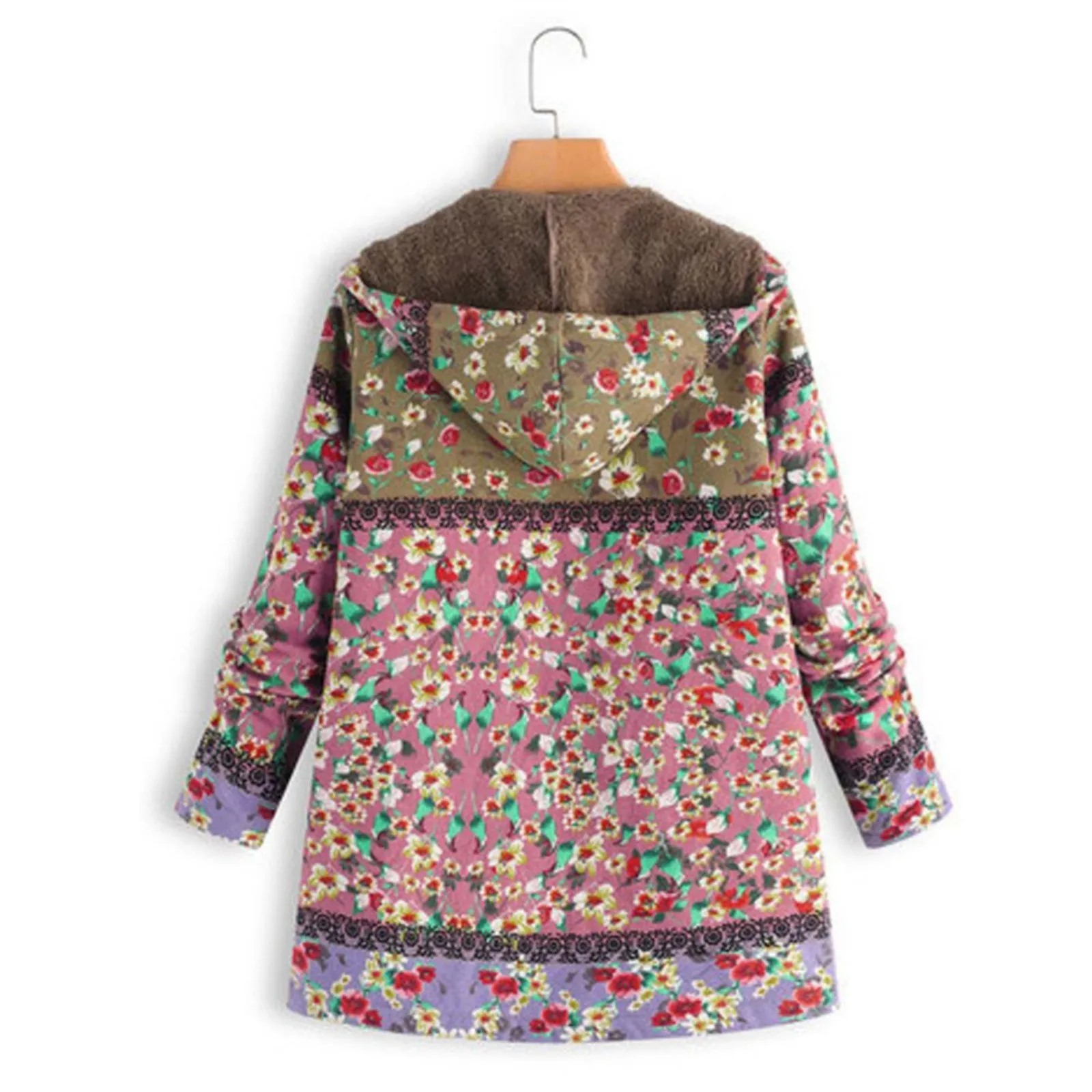 Ladies Long Sleeve Hooded Thick Composite Plush Vintage Flower Print Plus Size Hooded Jacket