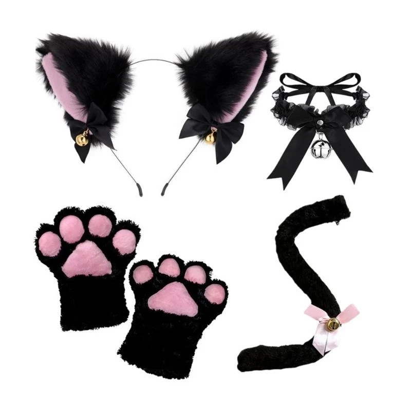 3/4pcs Katzen kostüm für Kinder-Katzen ohren Stirnband Schwanz Schwanz Glocke Choler Handschuhe Halloween Party Tier Cosplay Zubehör – Detail 4
