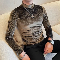 Trend Fashion Autumn Winter New Velvet Bottoming Shirt Men Mock Neck Printing Casual Long Sleeve Slim Pullovers T-shirt Tops