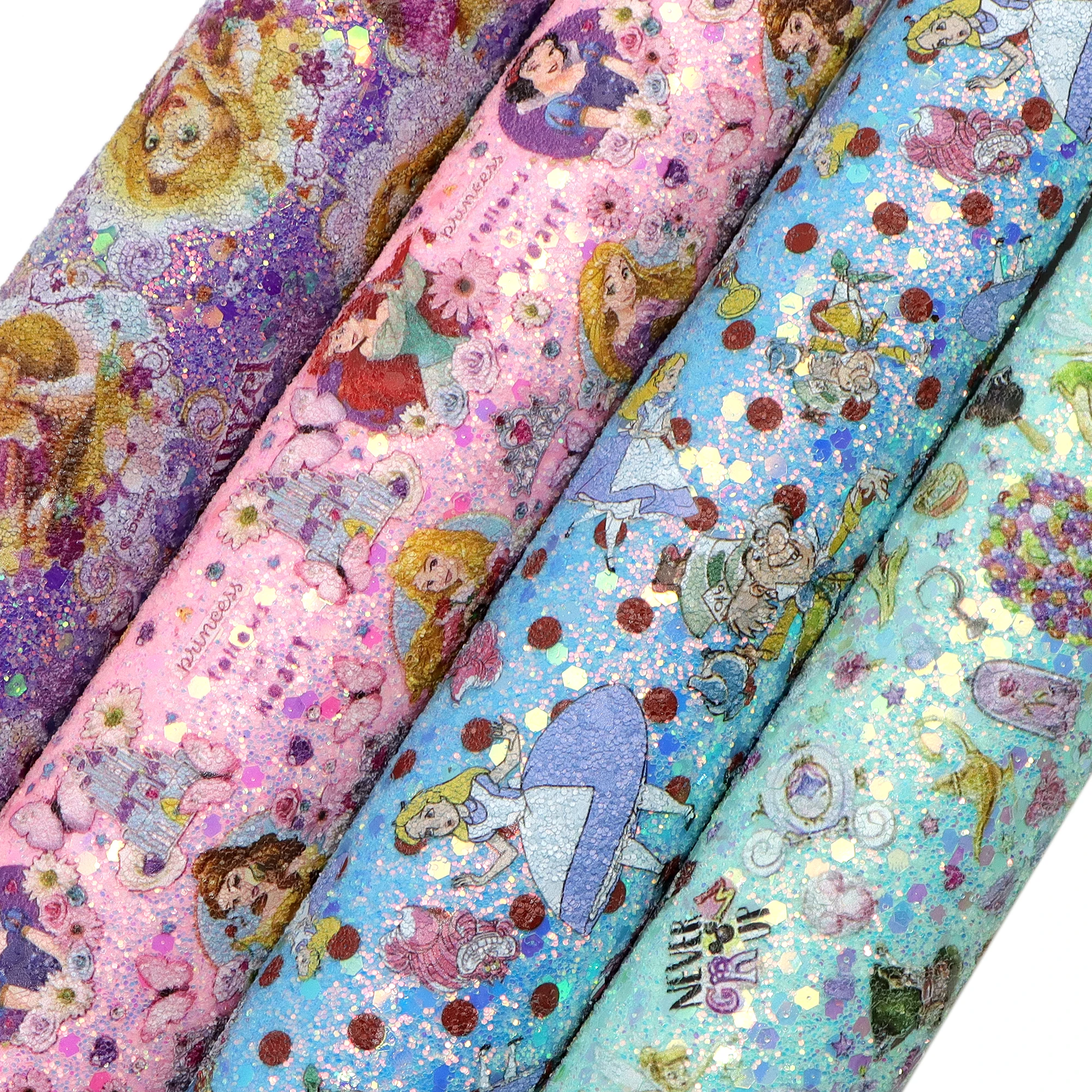 Disney Princess 20*33cm UV PrintingGlitter Faux Leather Sheets Synthetic Leather FabricMaking Earrings Bows Crafts Material