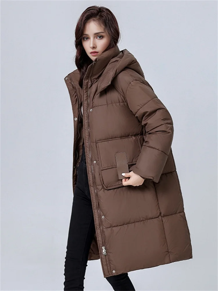 Caldo piumino donna Oversize cappotto lungo invernale con cappuccio tasche grandi cappotto con cerniera spessa donna 2024 nuovo soprabito invernale