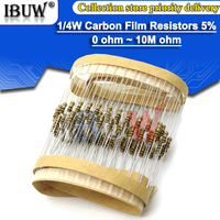 100pcs 1/4W Carbon Film Resistors 1R~22M 5% 100R 220R 1K 1.5K 2.2K  4.7K 10K 22K 47K 100K 100 220 1K5 2K2  4K7 ohm resistance