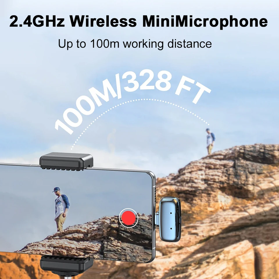 Micrófono de solapa inalámbrico 2.4G, mini micrófono para iPhone iPad Android Type-C, grabación de video, transmisión en vivo