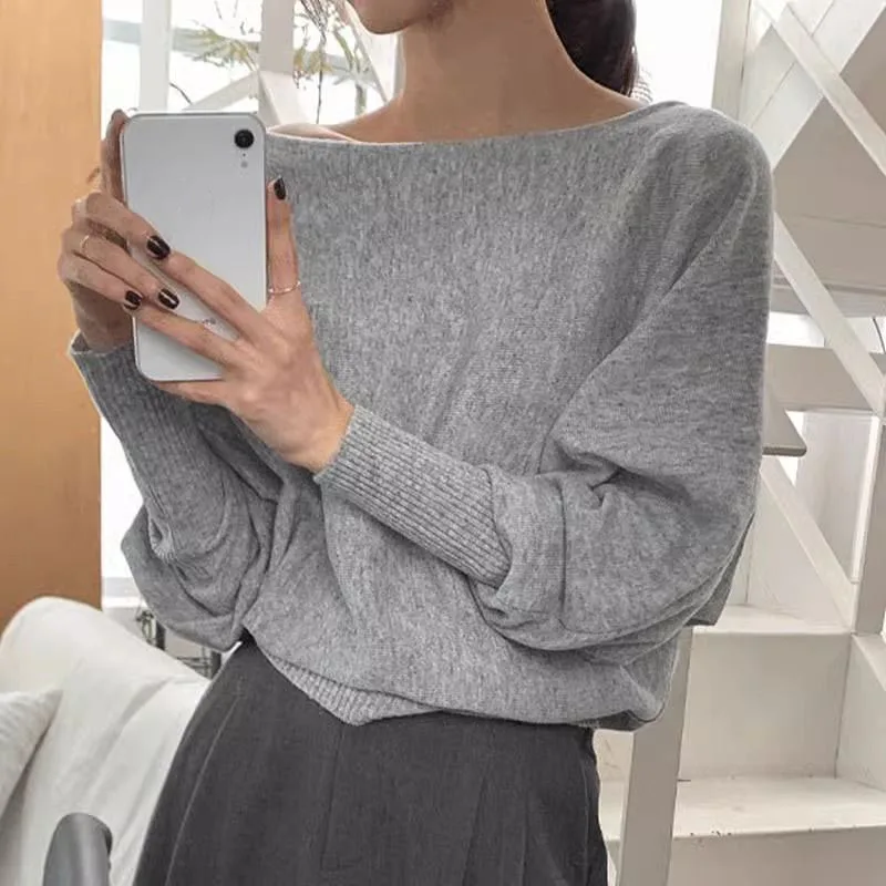 Lucyever Korean Chic Off Shoulder Sweaters Women Fashion Loose Lantern Sleeve Knitted Pullover Woman Vintage All-Match Knitwear