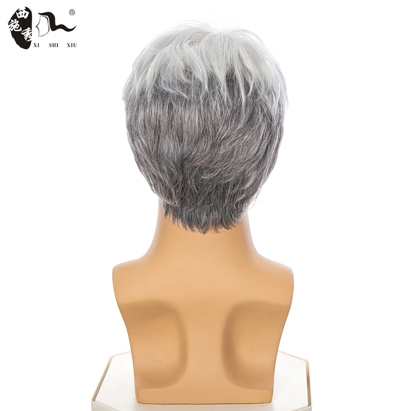 Short Ombre White Gray Synthetic Wig For Men Blanche Wig Male\'s Toupees Halloween Costume Older Man Natural Side Part Daily Wigs