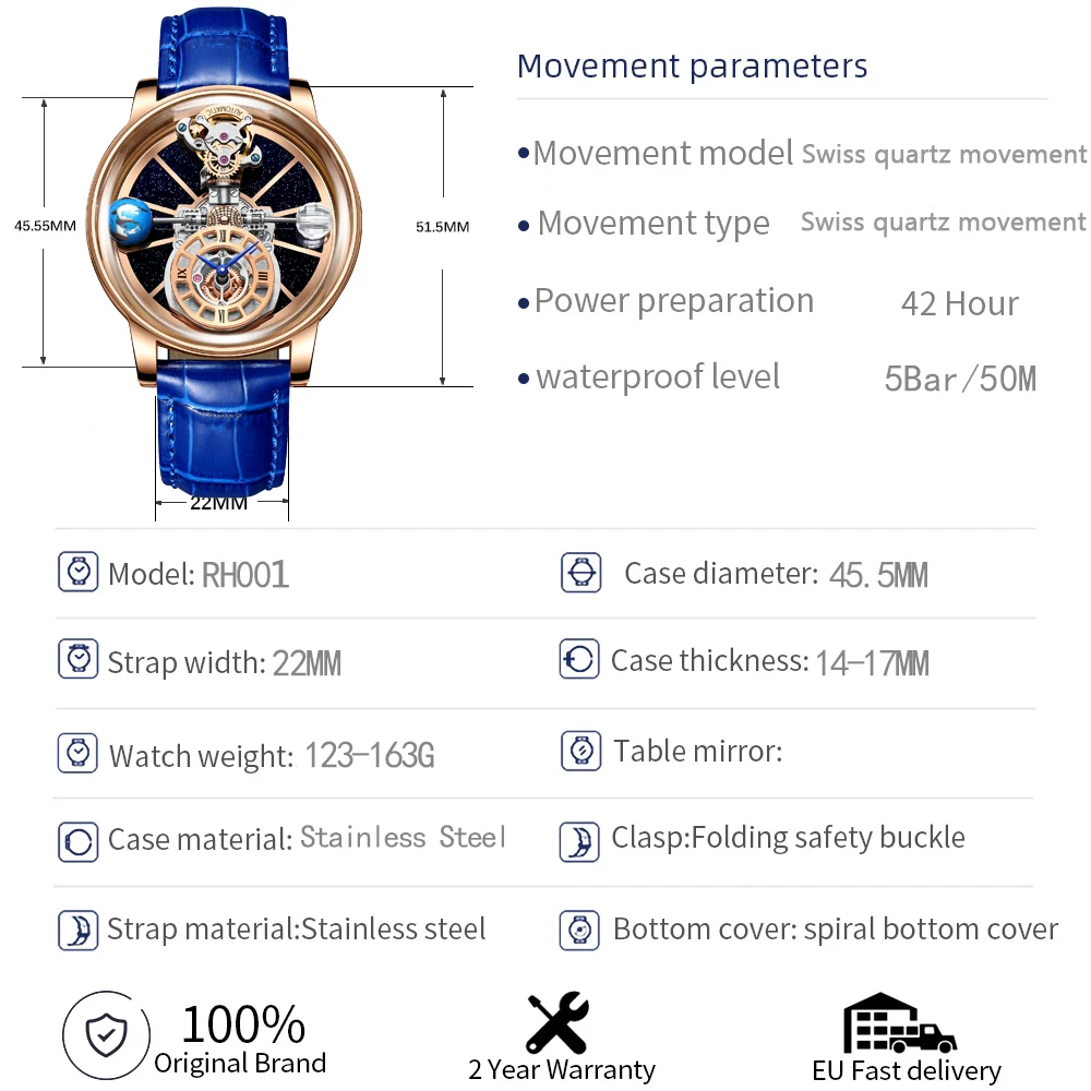 Jacob&Co Richard Mens Watches Sapphire Glass Top Brand Luxury Astronomia Quartz Watch Men Astronomia Solar Montre Homme