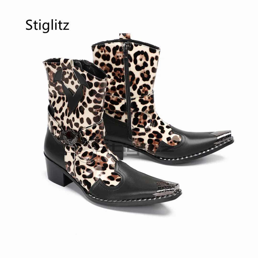 

Leopard Print Cowboy Boots for Men Metal Toe Genuine Leather Patchwork High Heels Chelsea Short Boots Casual Party Dress Shoes