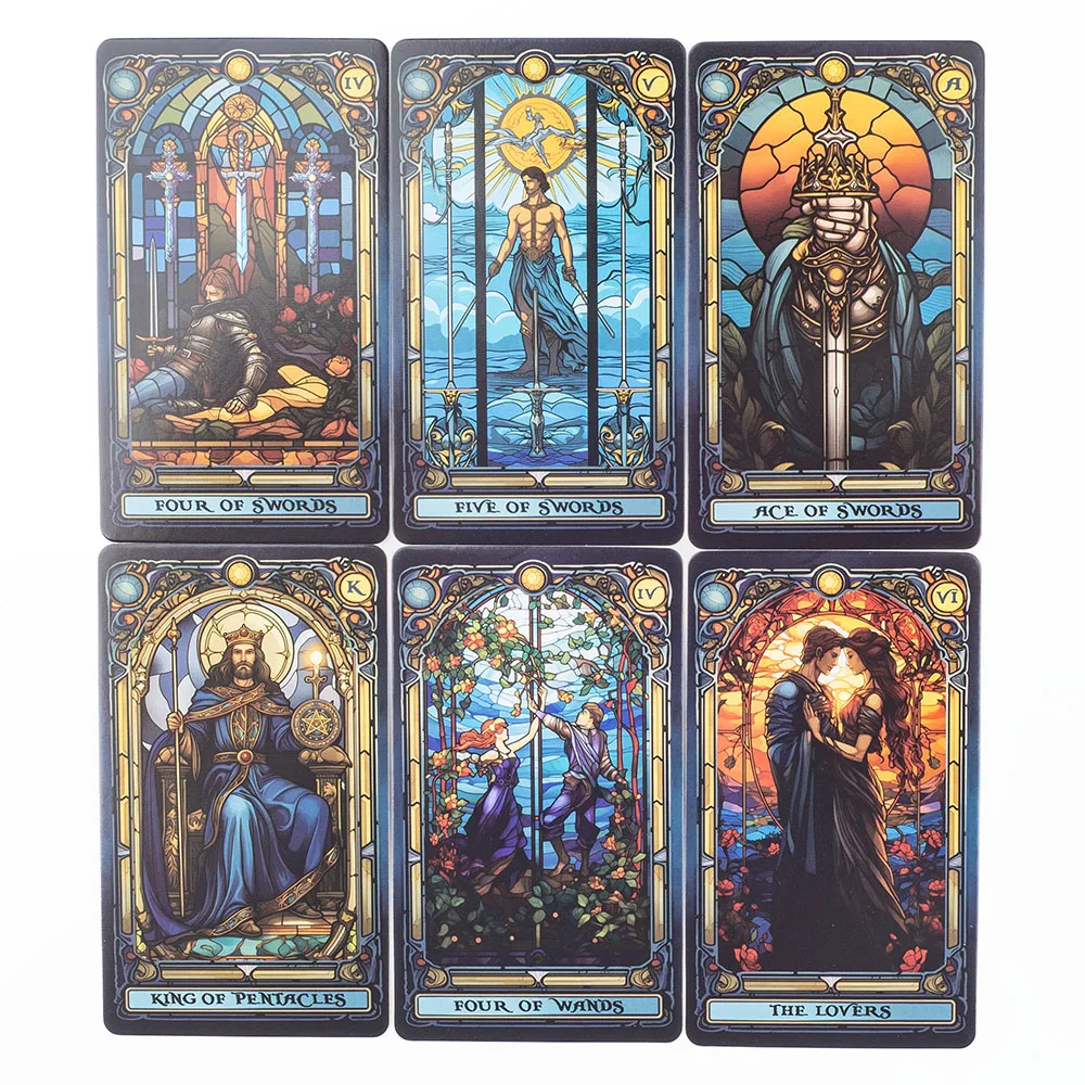 Buntglas-Tarot, ein 78-Karten-Deck, Freizeit, Unterhaltung, Spielkarte, Familientreffen, Wahrsagerei, Brett, Spiele, 10,3 x 6 cm – Detail 8
