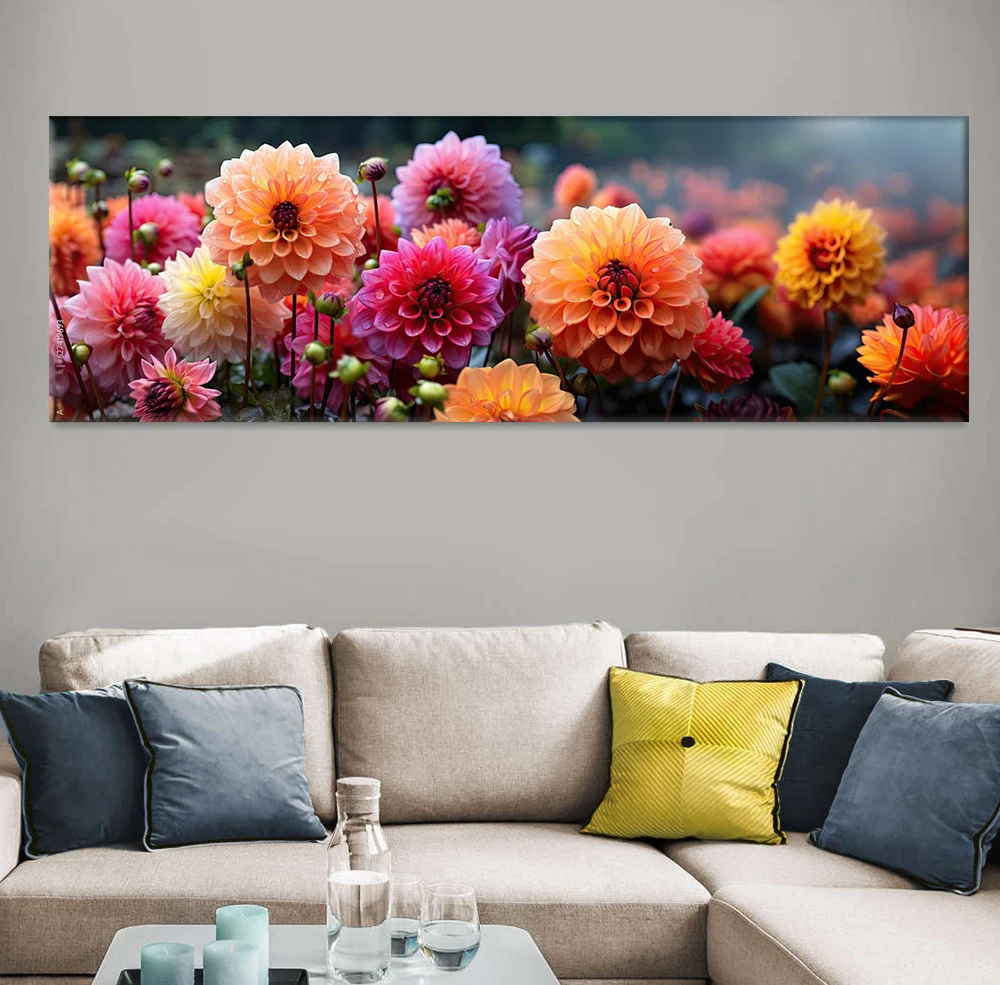 Autumn Dahlia Mix Flowers with Rain Drops Canvas Painting, Colorful Flower Posters, Garden Prints, for Living Room Decor, Quadro