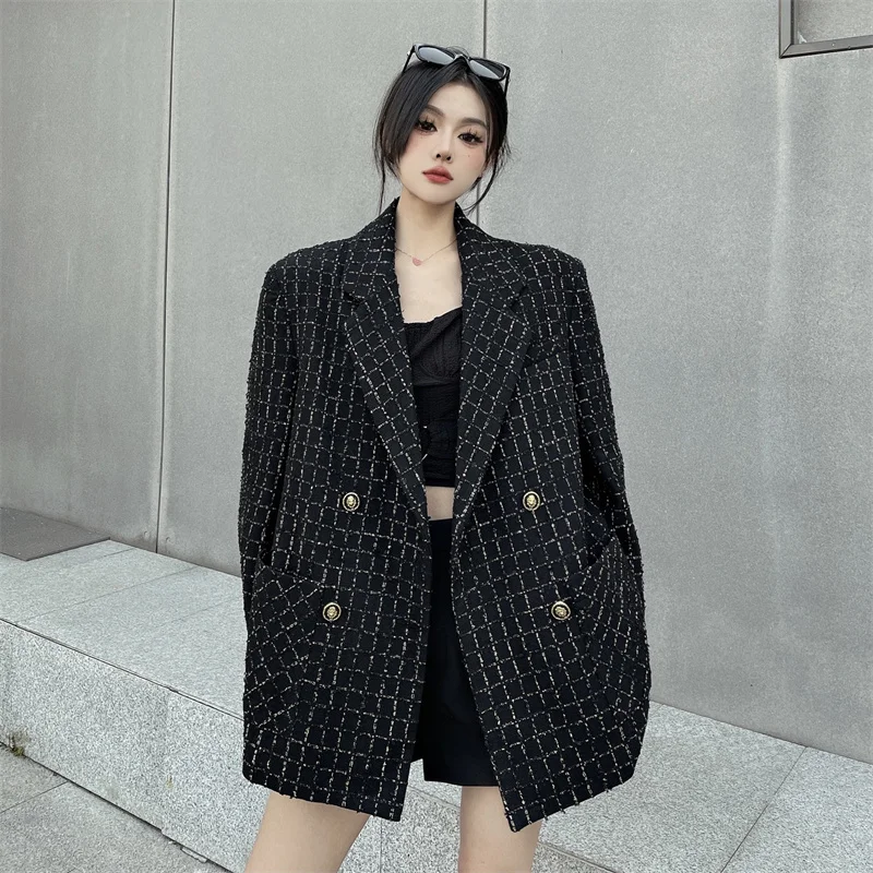 UNXX Oversized Woven Black Blazer for Women Female Office Lady, Autumn/Winter Loose-Fit High-End Jacket Fashionable High Quality