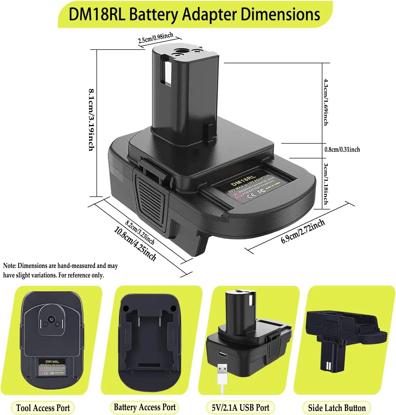 DM18RL Batterieadapter zur Umwandlung von Dewalt/Milwaukee 20V/18V Li-Ionen-Akkus in Ryobi 18V P108 ABP1801, USB-Anschluss, Schwarz/Grün – Detail 15