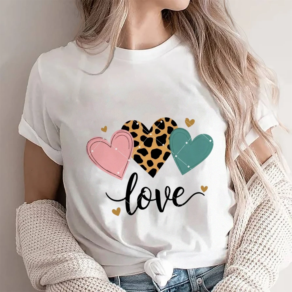 Cute Love Graphic T-Shirt - White Tee with Pink Leopard Print Teal Hearts Handwritten Love Lettering for Sweet Casual Fashion