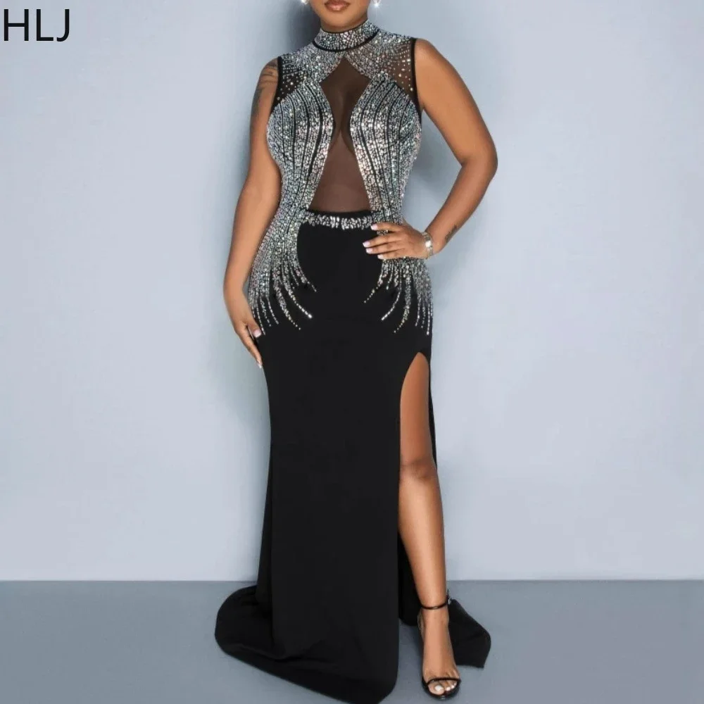 

HLJ Fashion Luxury Rhinestones Bodycon Evening Party Long Dresses Women Round Neck Long Sleeve Slim Vestidos Sexy Slit Clothing