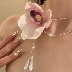 Orchid Flower Necklace with Teardrop Pearl Choker Jewelry