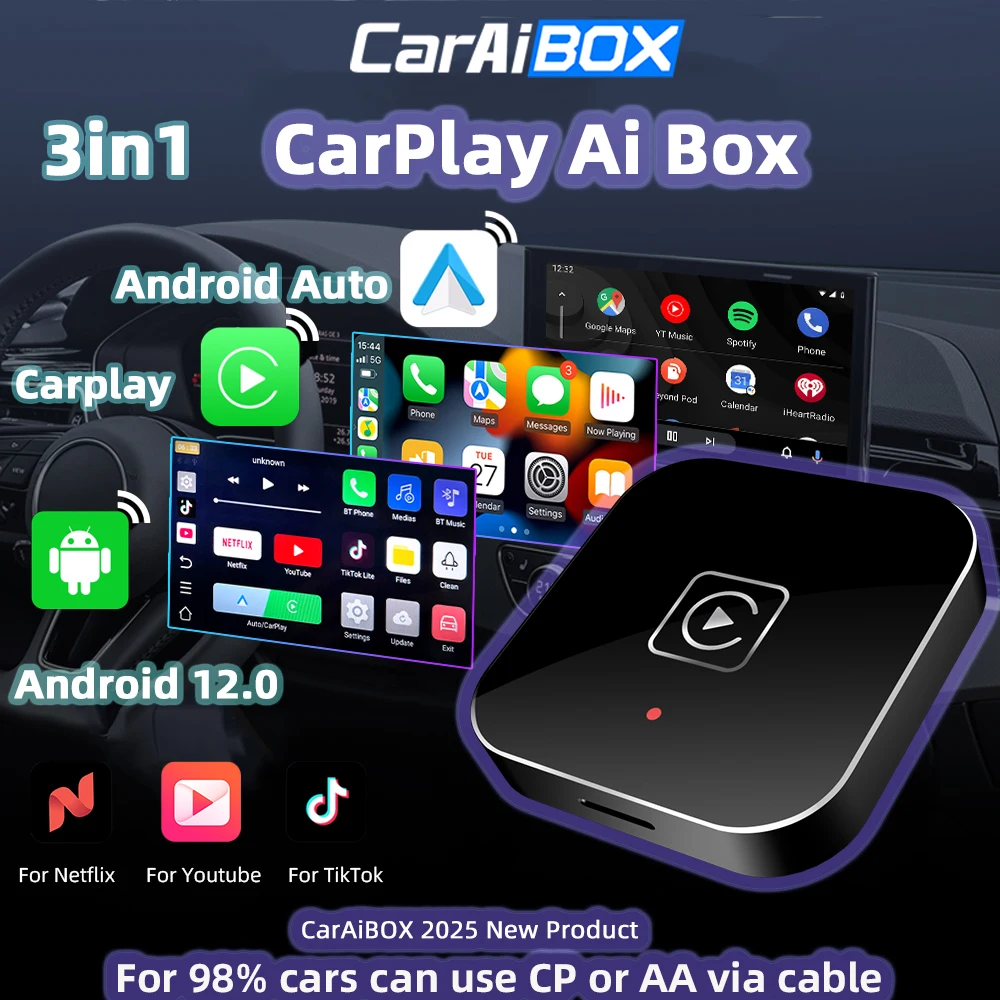 CarAiBOX 3in1 Android 12 Video BOX  Wireless CarPlay Android Auto Built-in Video Software Watch Online Videossor  Movies