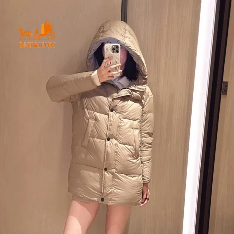 New Winter Down Jacket for Women , Mid-length Hooded 90% White Goose Down Down Jacket Loose Fit Windproof and Warm for Parties