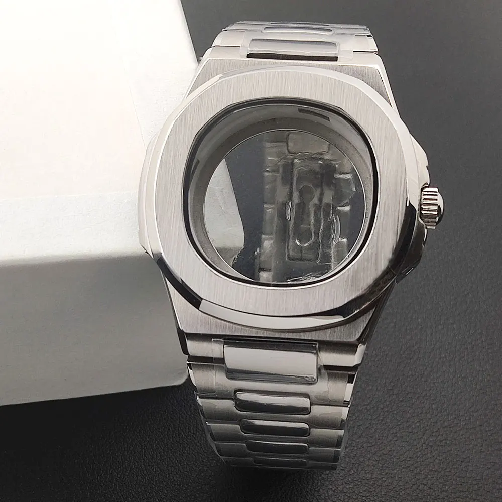 

NH35 Case Nautilus 39mm silver case Men Watch Accessories Luminous Dial Hands Stainless Steel Case for NH35 Movement Clear Case