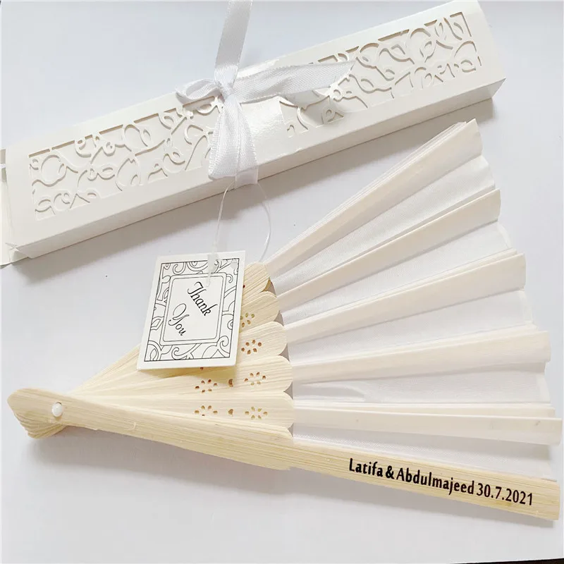 

Custom luxury silk folding hand fan, elegant laser cut gift box + party gift / + print wedding gift, 20 pieces per batch