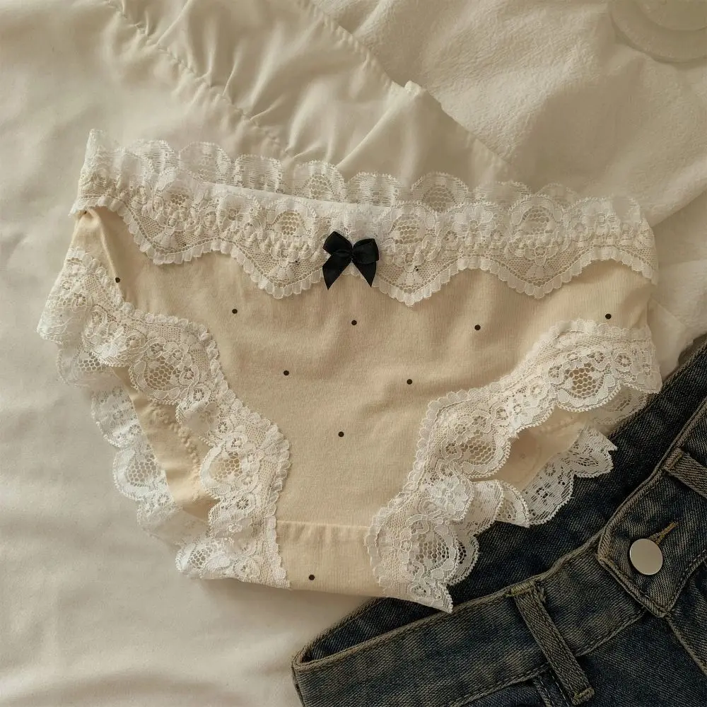 Bragas con lazo de encaje de lunares simples para mujer y niña, calzoncillos sin costuras con entrepierna de algodón dulce, ropa interior de cintura media, 3 uds.