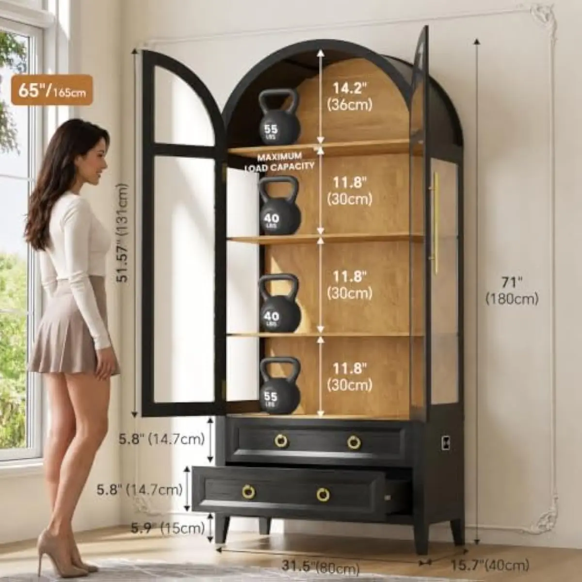 71-inch Tall Arched Display Cabinet with Smart RGB LED Lighting, Tempered Glass Doors, Magnetic Closures, 4 Open Shelves + 2 Smo