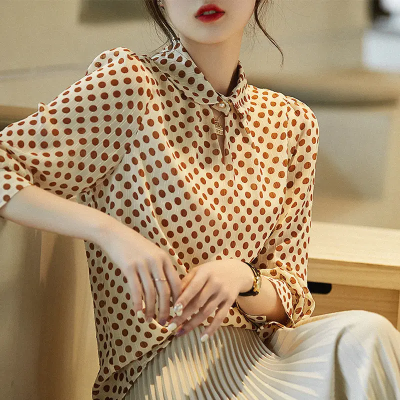 Spring Autumn New Stand Collar Long Sleeve Blouse Women High Street Polka Dot Printing Button Pullovers Elegant All-match Tops