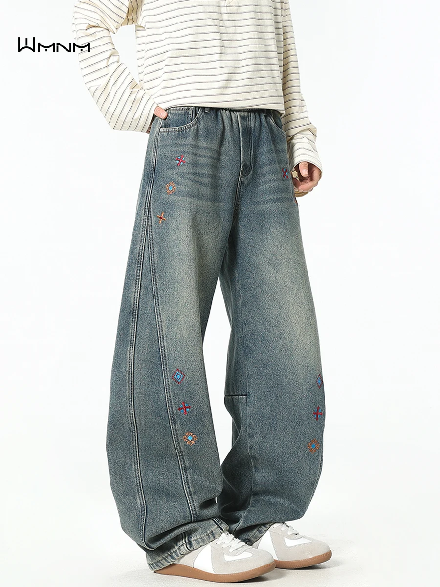 

Мужские джинсы в стиле ретро с этнической вышивкой, широкие прямые брюки, весенняя мода, повседневные брюки