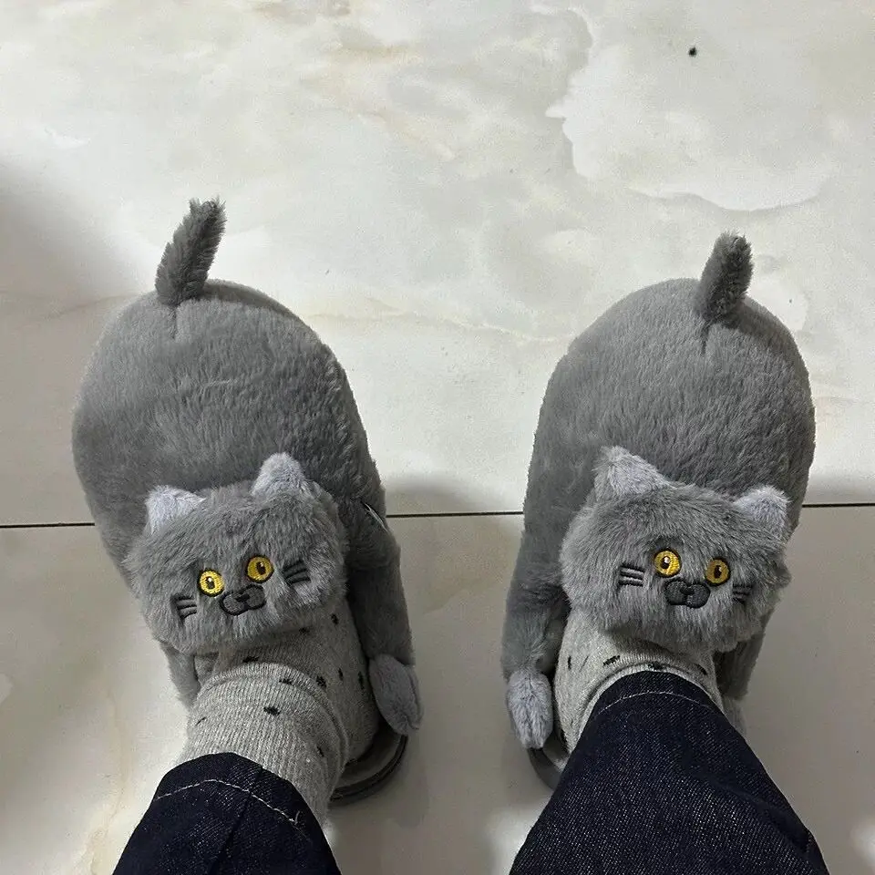 

In stock men's stereoscopic animal slippers home fluffy gray kitten shoes women hug cat house bedroom slippers