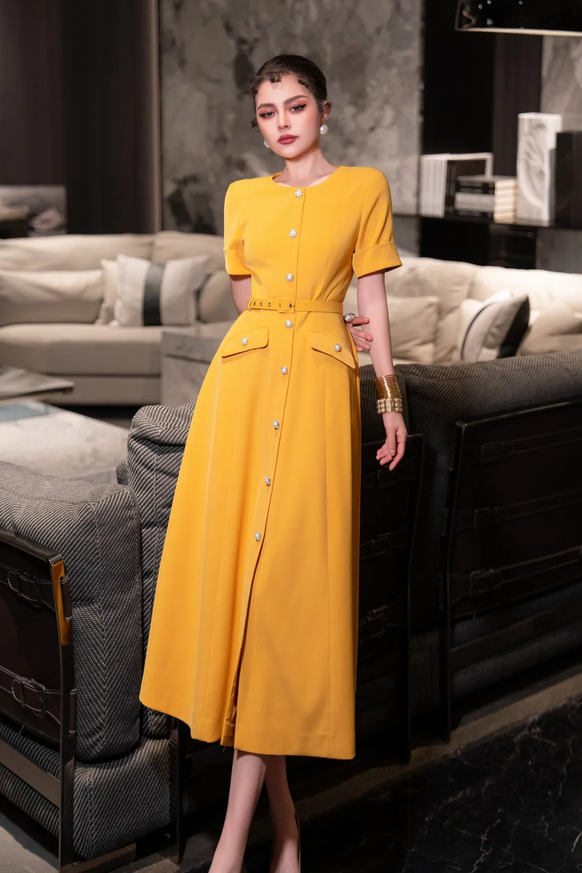 ZJYT Summer Fashion Single Breasted Womens Dresses 2025 Runway Designer Short Sleeve Elegant Casual Party Dress Yellow Vestidos