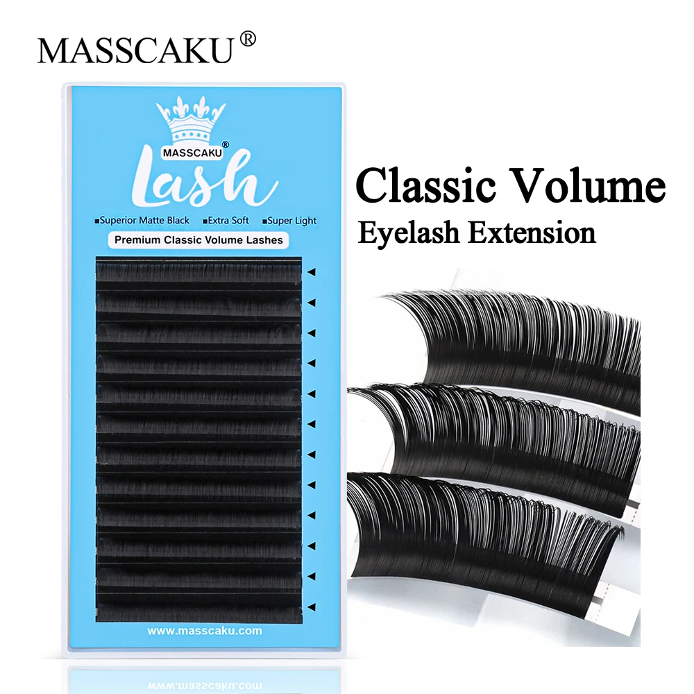 

MASSCAKU Wholesale 12Rows C/D Curl Individual Classic Volume Eyelash Extension 12lines Super Natural Glossy Black False Eyelash