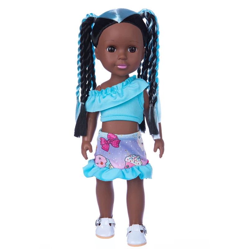 New 14inch Reborn Baby Doll Silicne Blue Braid Tide Baby 35 Cm Straight Hair Black Skin American Girl Dress Up Doll Toy