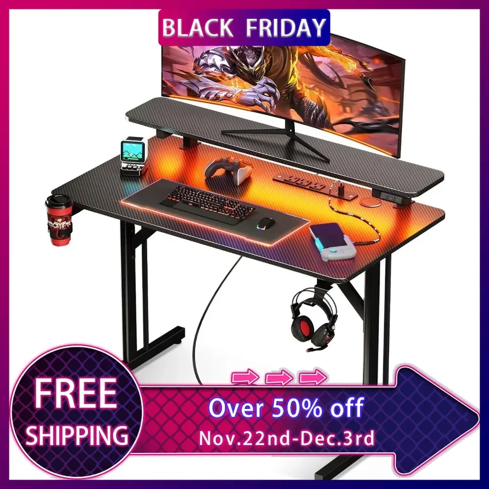 31 Inch Gaming Desk with LED Lights & Power Outlets,  Computer Desks with Monitor Shelf, Gamer Desk with Carbon Fiber Textur