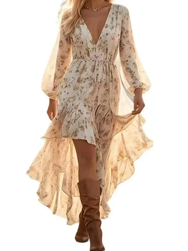 N V넥 롱 스커트 프린트 드레스 불규칙한 밑단 하이웨이스트 플로럴 패턴 데일리웨어 드레스