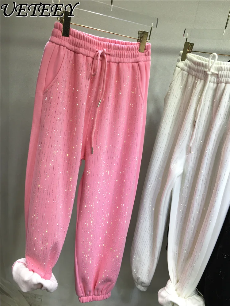 

Fleece-Lined Rhinestone Sweatpants for Women Shiny Line Sports Pants Autumn and Winter Versatile Slimming Hoodie Casual Pants